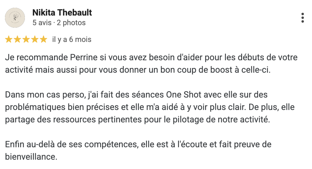 Nikita Thebaud Avis client Perrine Dubois - mentore et coach business pour entrepreneurs