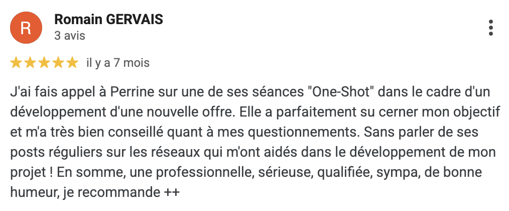 Romain Gervais Avis client Perrine Dubois - mentore et coach business pour entrepreneurs